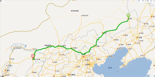 通辽市到鄂尔多斯开车路线图